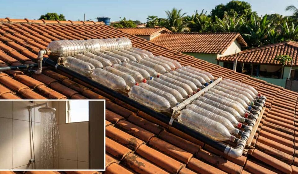Aquecedor solar caseiro feito com garrafa PET e cano preto elimina o chuveiro elétrico e custa menos de R$ 200