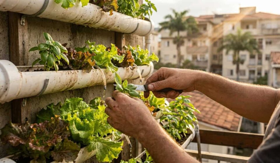 Horta vertical em calha de PVC produz alface, coentro e cebolinha o ano todo em 1 m² de parede e o investimento se paga em 40 dias