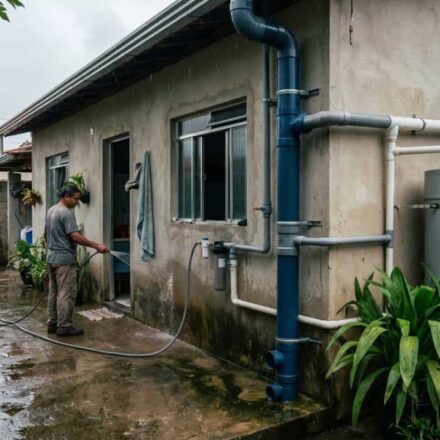 Sistema simples com canos PVC reaproveita água da chuva para lavar quintal, calçada e banheiro