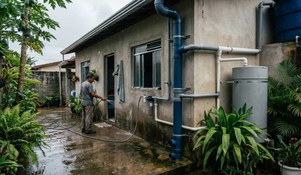 Sistema simples com canos PVC reaproveita água da chuva para lavar quintal, calçada e banheiro