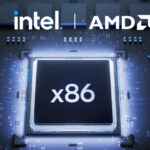 Ilustração de um chip x86 com logos da Intel e AMD na parte de cima da imagem