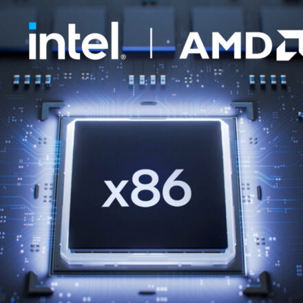 Ilustração de um chip x86 com logos da Intel e AMD na parte de cima da imagem
