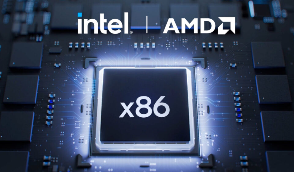 Ilustração de um chip x86 com logos da Intel e AMD na parte de cima da imagem