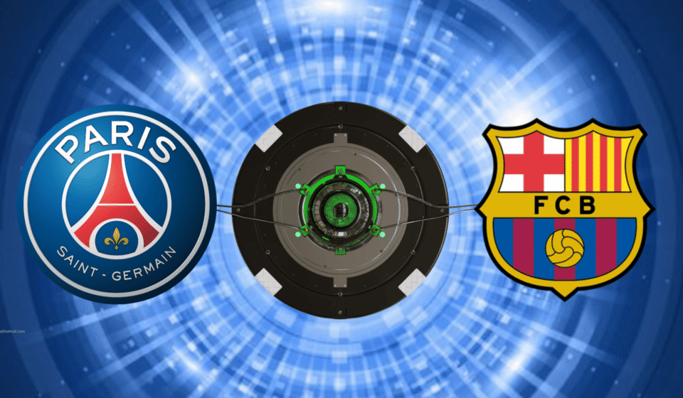 Escudos de PSG e Barcelona